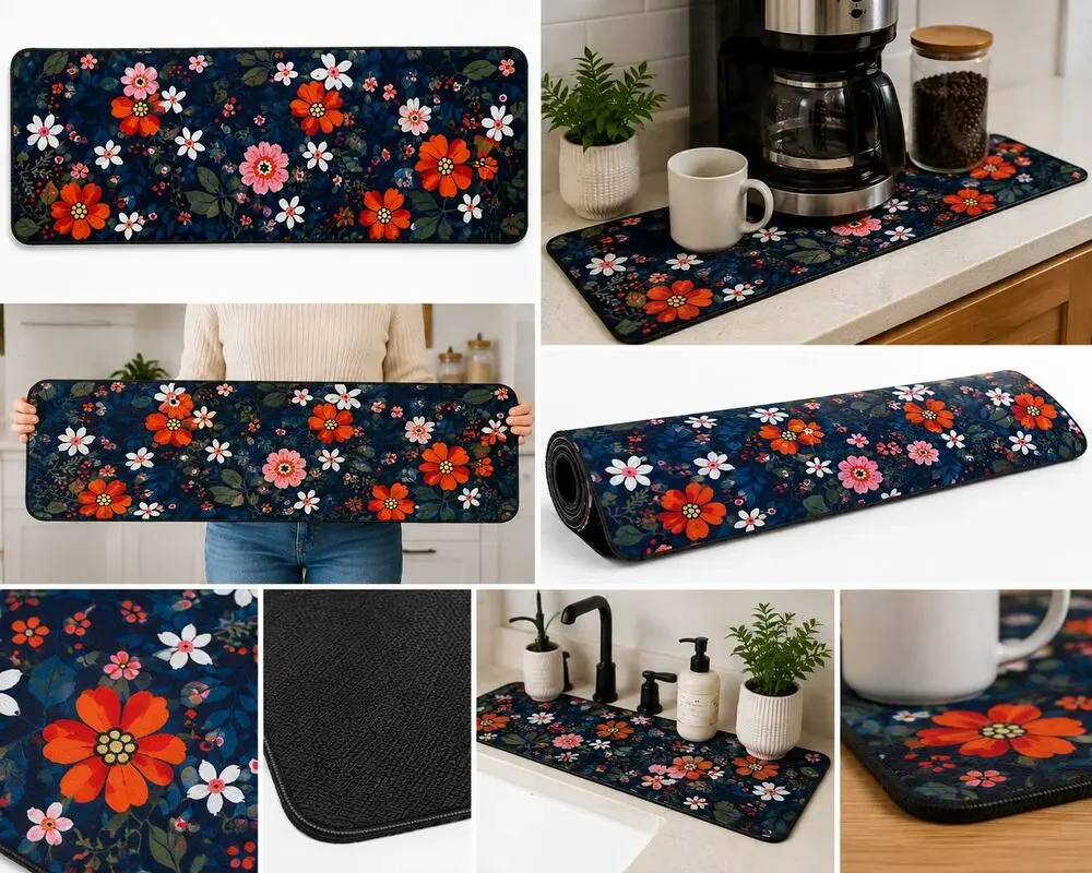 Floral Coffee Mat – Absorbent Countertop Mat for Coffee Bar & Kitchen